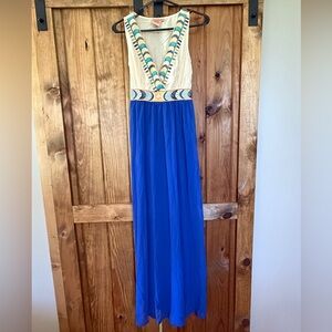Elegant Blue and Cream Maxi Dress with Colorful Tribal Design
